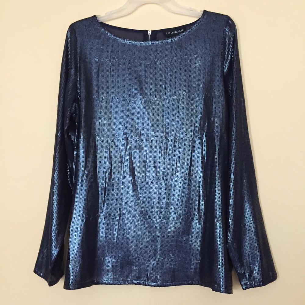 Stylestalker Blue Sequin Blouse Chiffon Top Sz 8